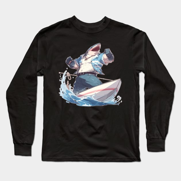 Big Brawny Anime Shark Bro Canoe Long Sleeve T-Shirt by DanielLiamGill